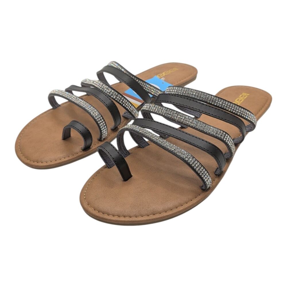 BENEKER Toe Ring Slide Rhinestone Strappy Gladiator Flat Womens Sandals Black 11